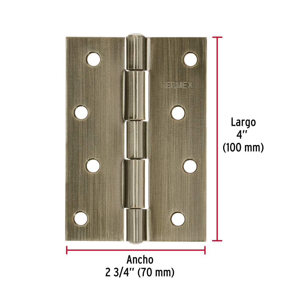 Bisagra rectangular 4' latón antiguo, Hermex Caja con 20, 46915