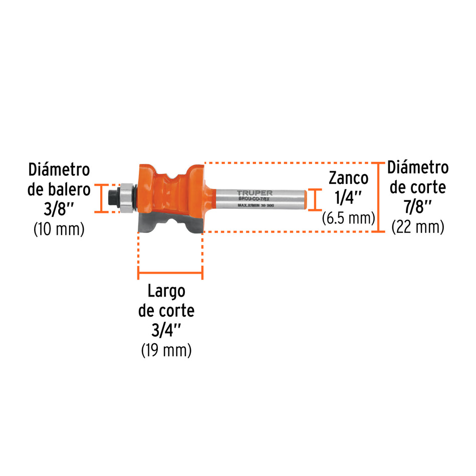 Broca para router, collarin, 7/8' con balero, Truper Caja con 3, 10677