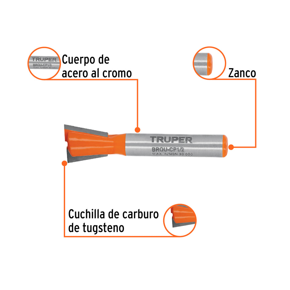 Broca para router, cola de pato, 1/2', Truper Caja con 3, 11475