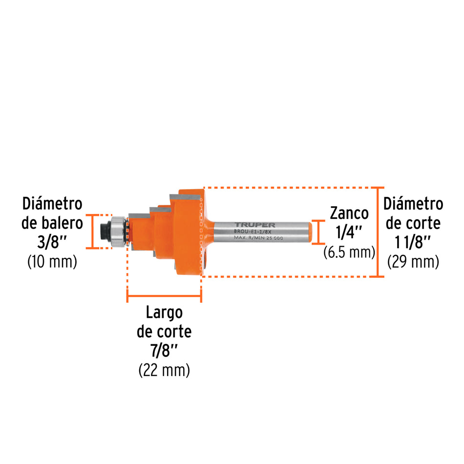 Broca para router, escalonada, 1-1/8', con balero, Truper Caja con 3, 10673