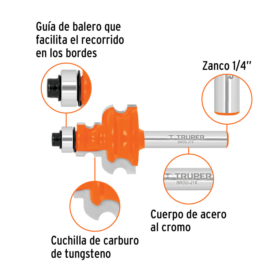 Broca router, jovel, 1', con balero, Truper Caja con 3, 10674