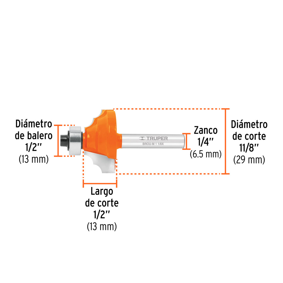 Broca para router, moldura clásica, 1-1/8' con balero,Truper Caja con 3, 11486