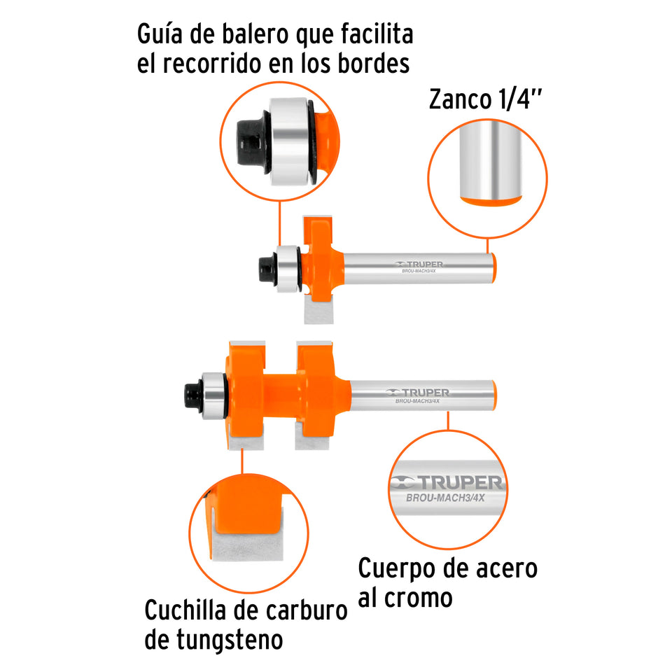 Juego de machimbrador, 3/4', con balero, Truper Caja con 3, 10671