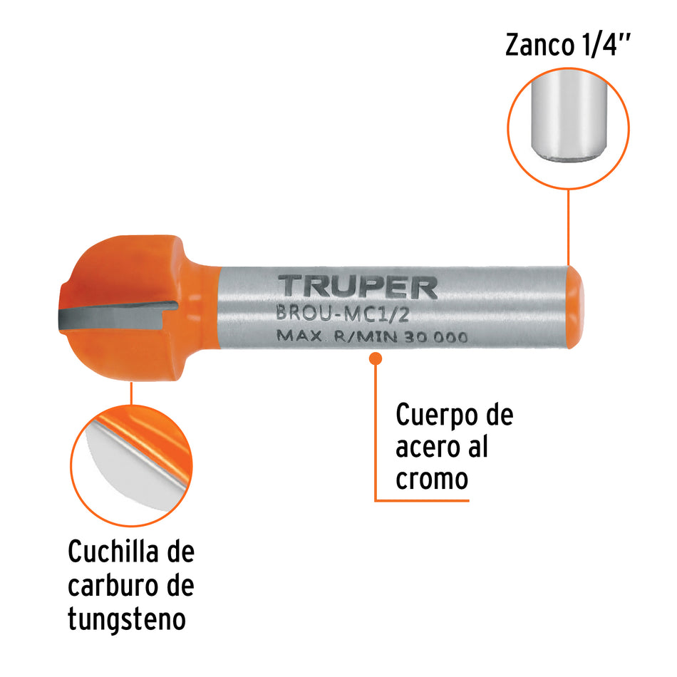 Broca para router, media caña, 1/2', Truper Caja con 3, 11462