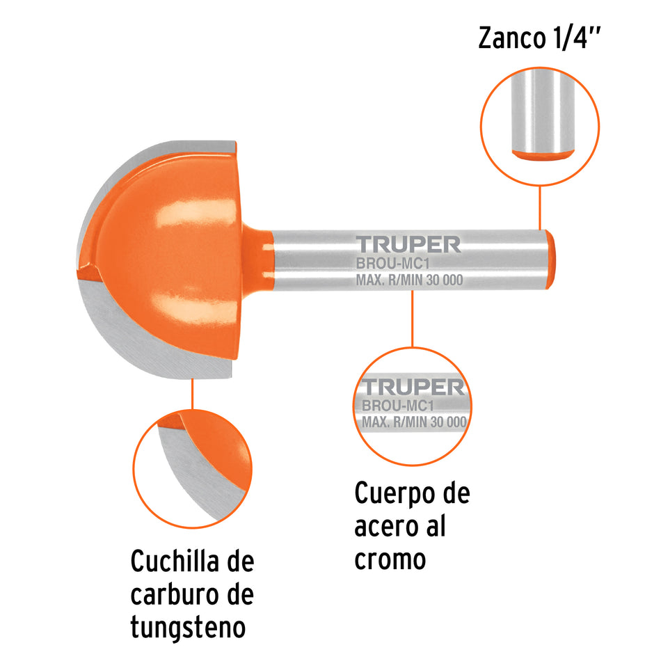 Broca para router, media caña, 1', Truper Caja con 3, 102723