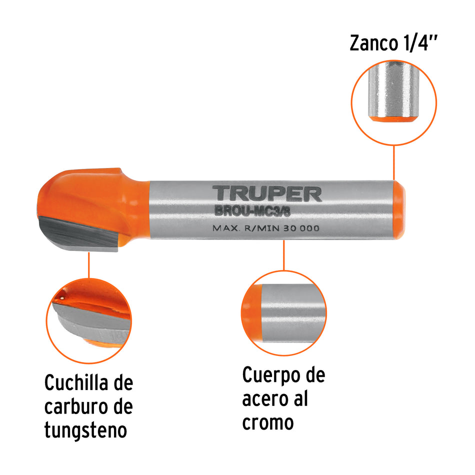 Broca para router, media caña, 3/8', Truper Caja con 3, 11461