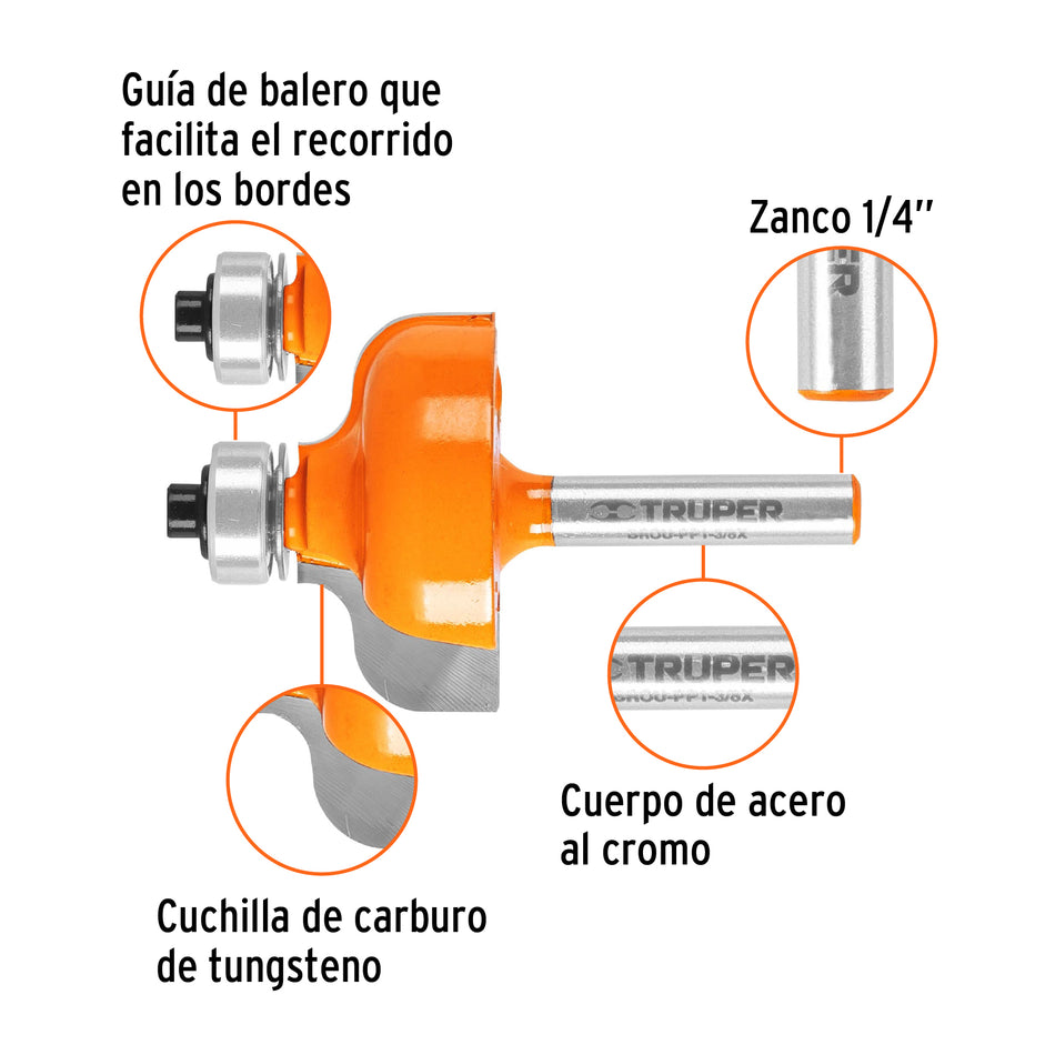 Broca para router, pecho paloma, 1-3/8' con balero, Truper Caja con 3, 11480