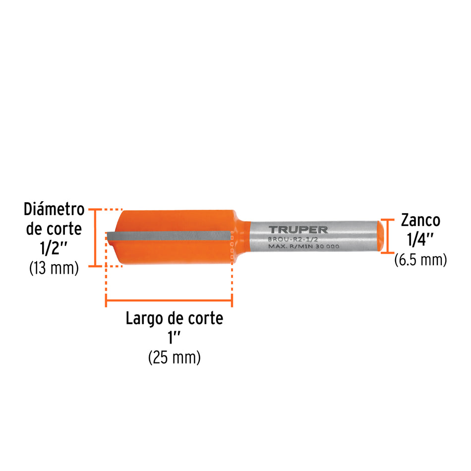 Broca para router, recta 2 filos, 1/2', Truper Caja con 3, 11456