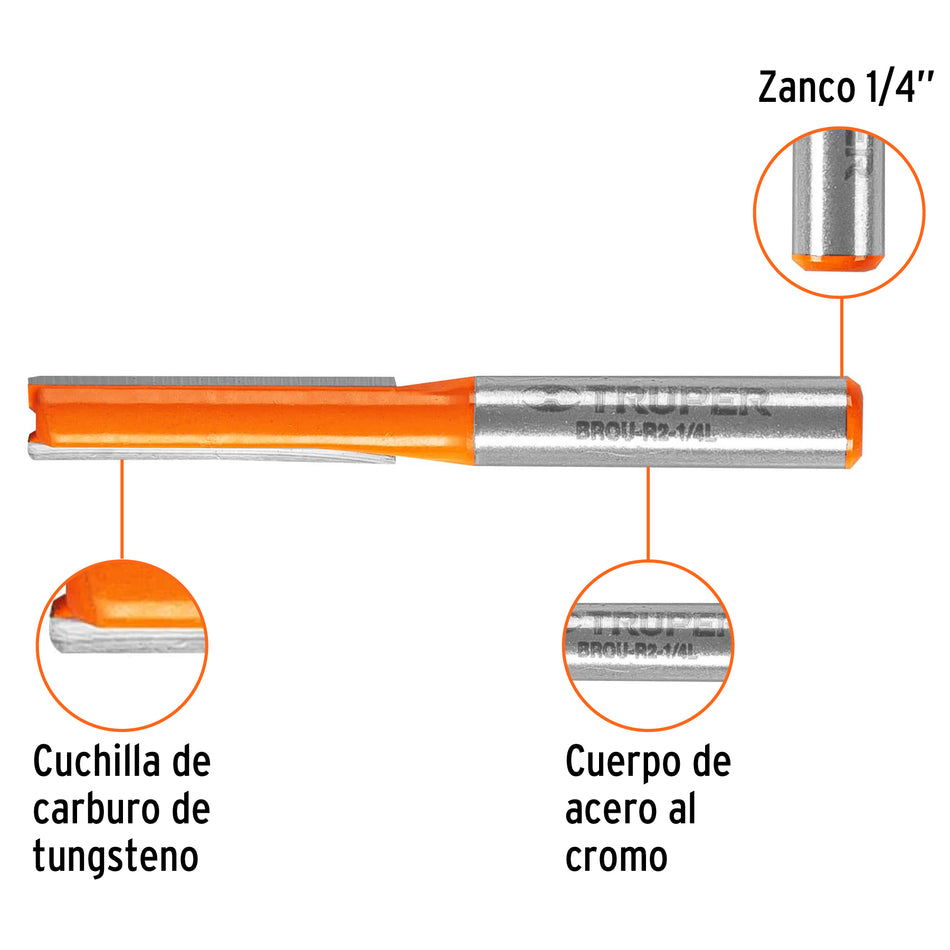 Broca para router, recta 2 filos, 1/4', larga, Truper Caja con 3, 11453