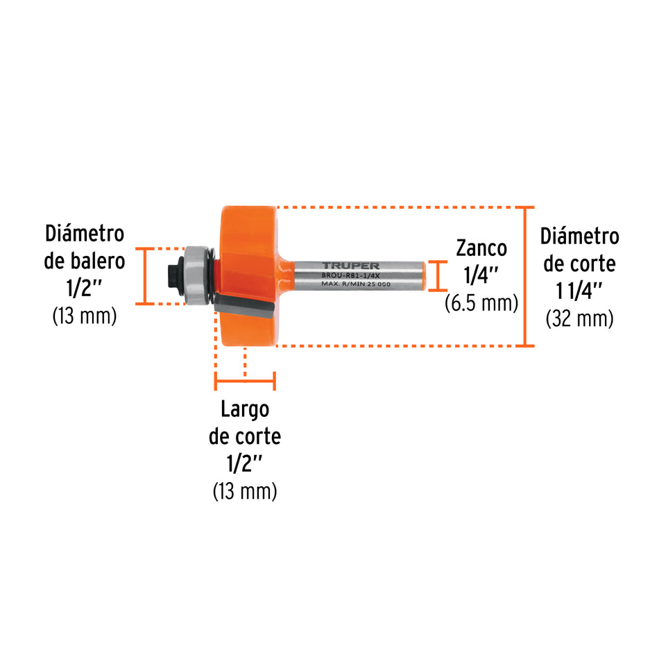 Broca para router, rebajado, 1-1/4' con balero, Truper Caja con 3, 11477
