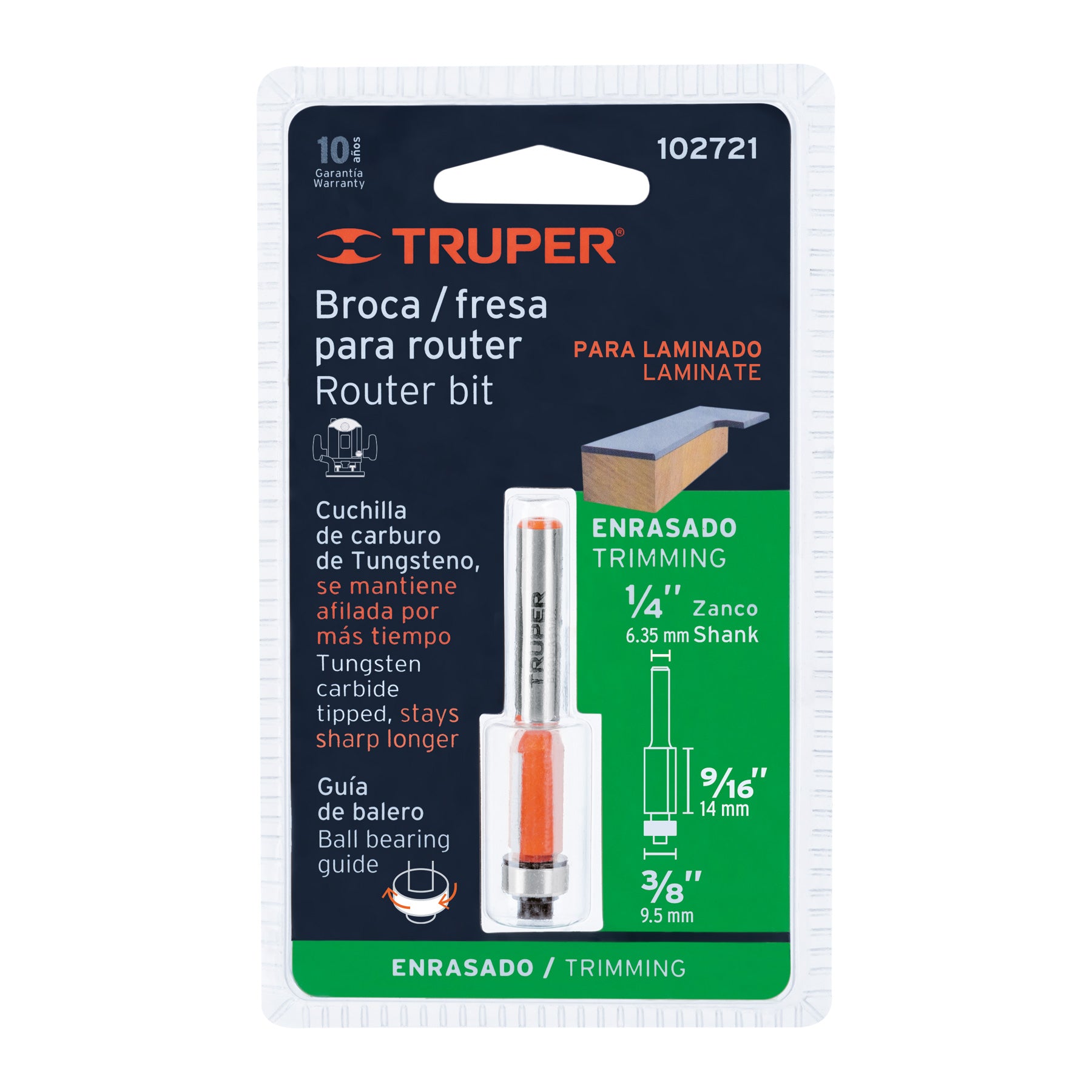 Broca para router, corte recto, 3/8' con balero, Truper Caja con 3, 102721