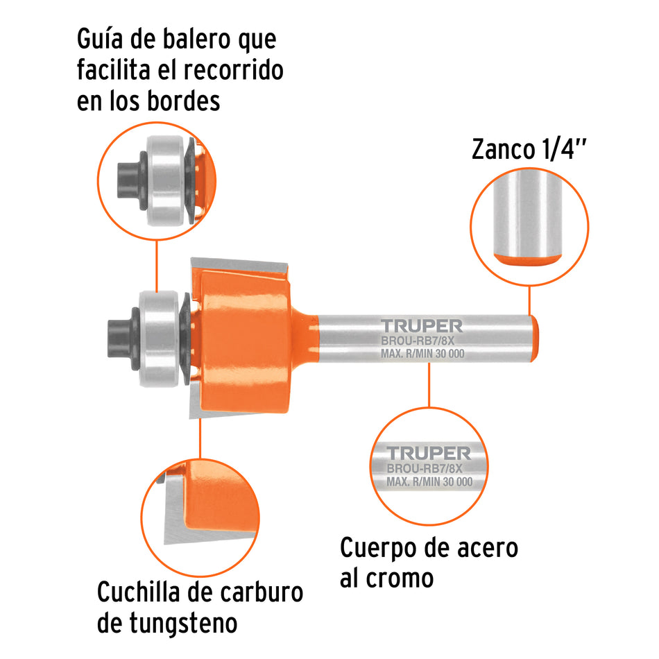 Broca para router, rebajado, 7/8' con balero, Truper Caja con 3, 102724