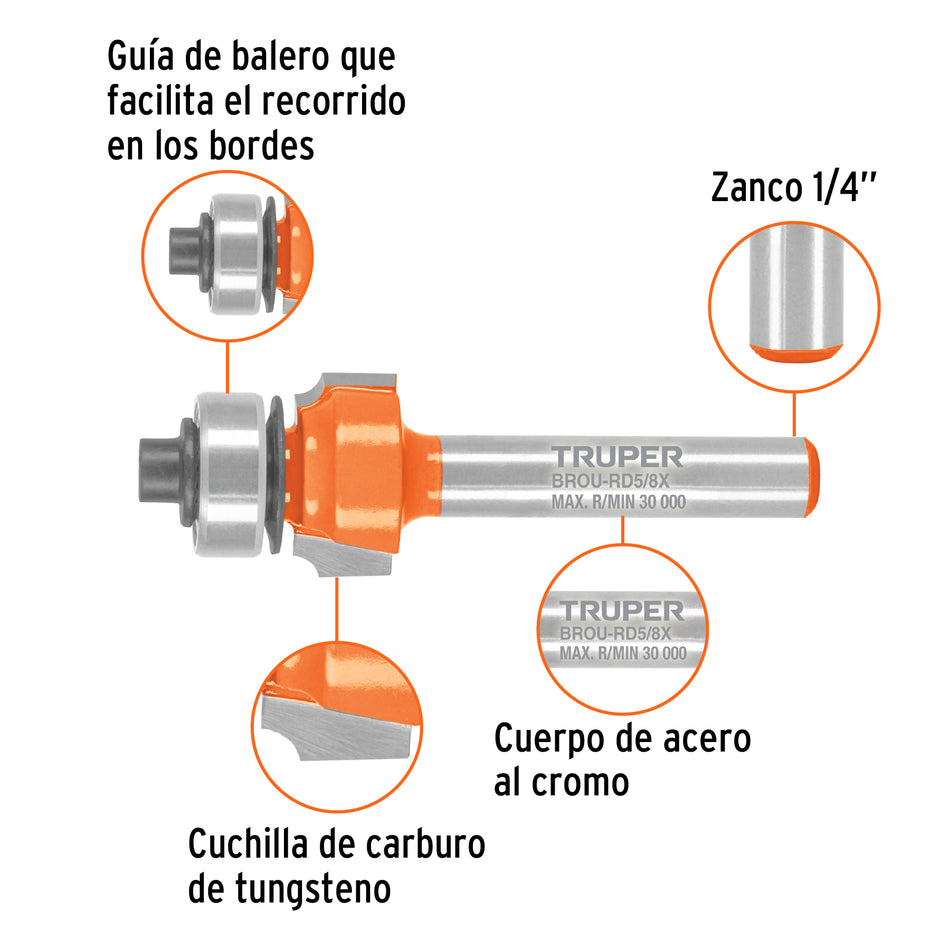 Broca para router, redondeado, 5/8' con balero, Truper Caja con 3, 102726