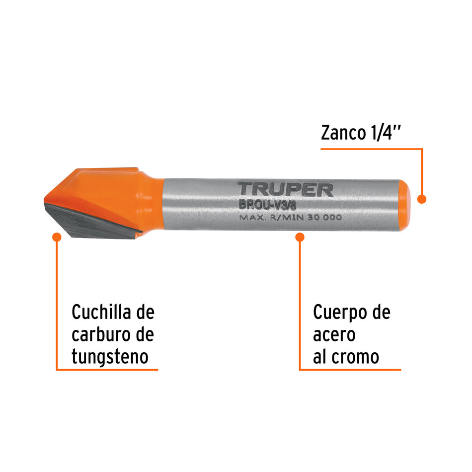 Broca para router, corte en 'V', 3/8', Truper Caja con 3, 11465