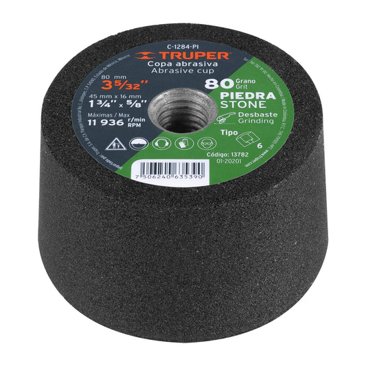 Copa desbaste de piedra 3-5/32' grano 80, eje 5/8-11, Truper, 13782