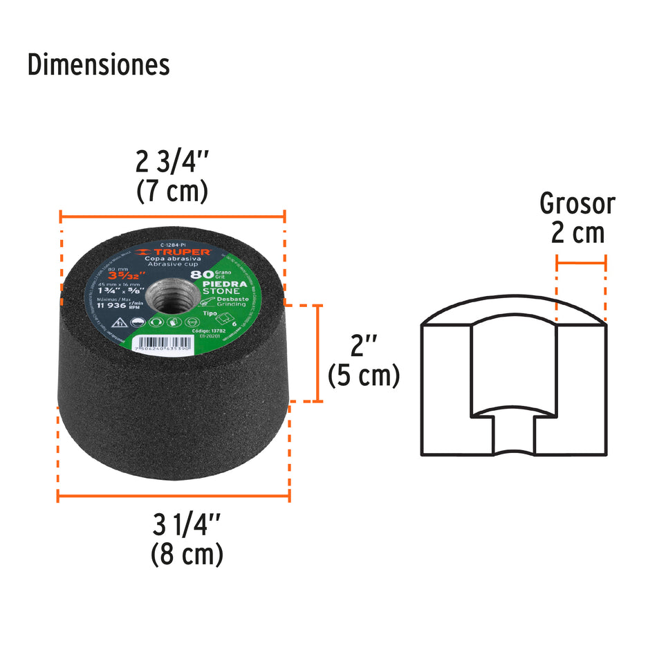 Copa desbaste de piedra 3-5/32' grano 80, eje 5/8-11, Truper, 13782