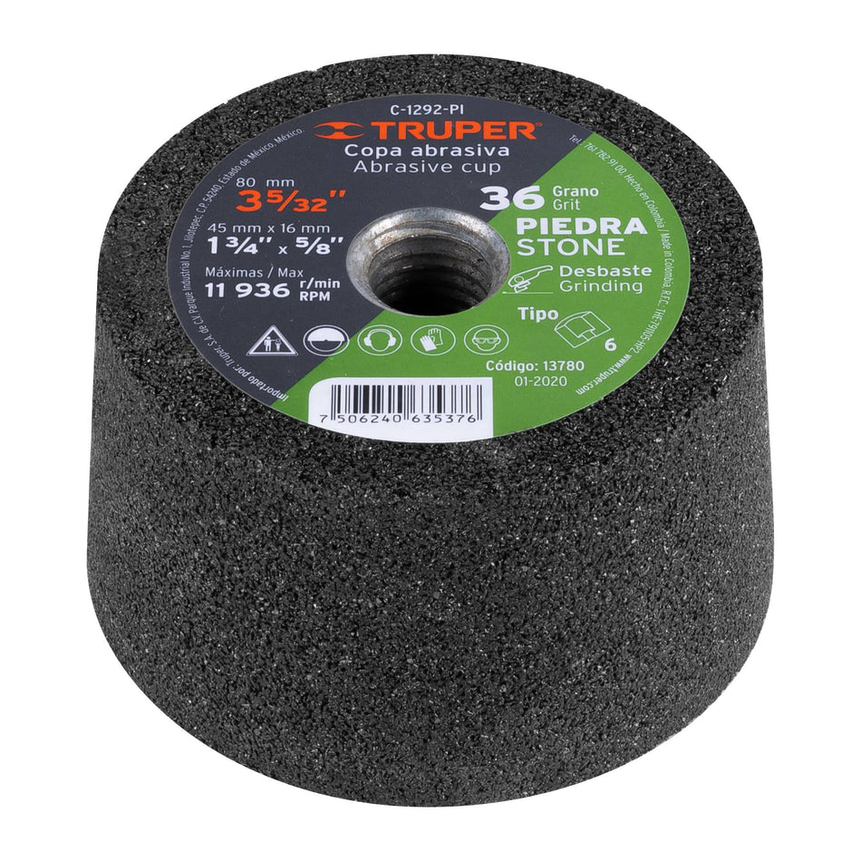 Copa desbaste de piedra 3-5/32' grano 36, eje 5/8-11, Truper, 13780