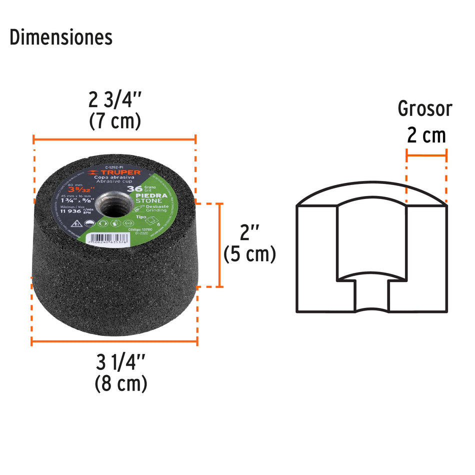 Copa desbaste de piedra 3-5/32' grano 36, eje 5/8-11, Truper, 13780