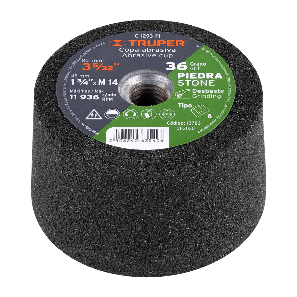 Copa desbaste de piedra 3-5/32' grano 36, eje M14, Truper, 13783