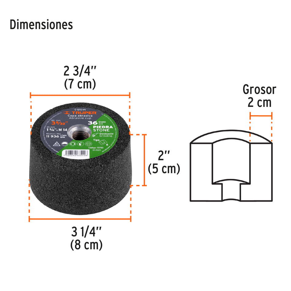 Copa desbaste de piedra 3-5/32' grano 36, eje M14, Truper, 13783