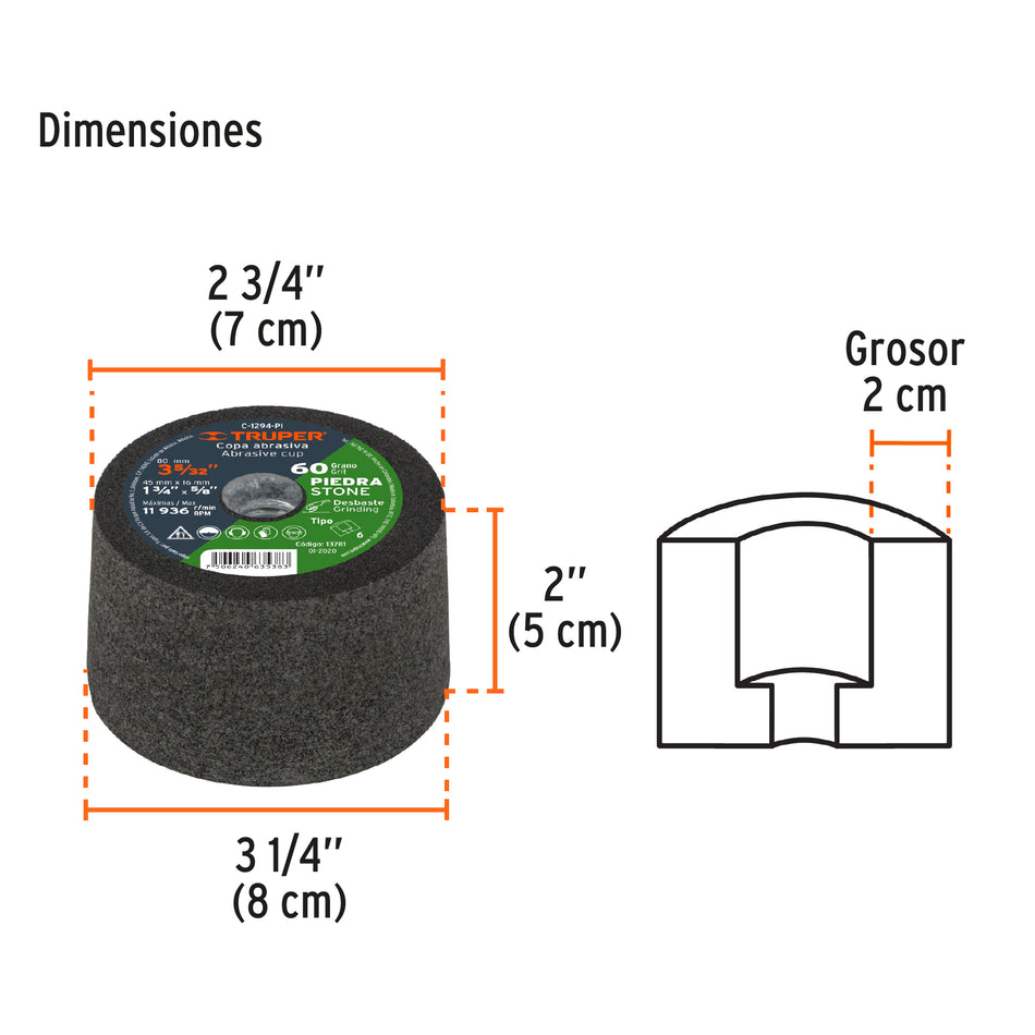 Copa desbaste de piedra 3-5/32' grano 60, eje 5/8-11, Truper, 13781