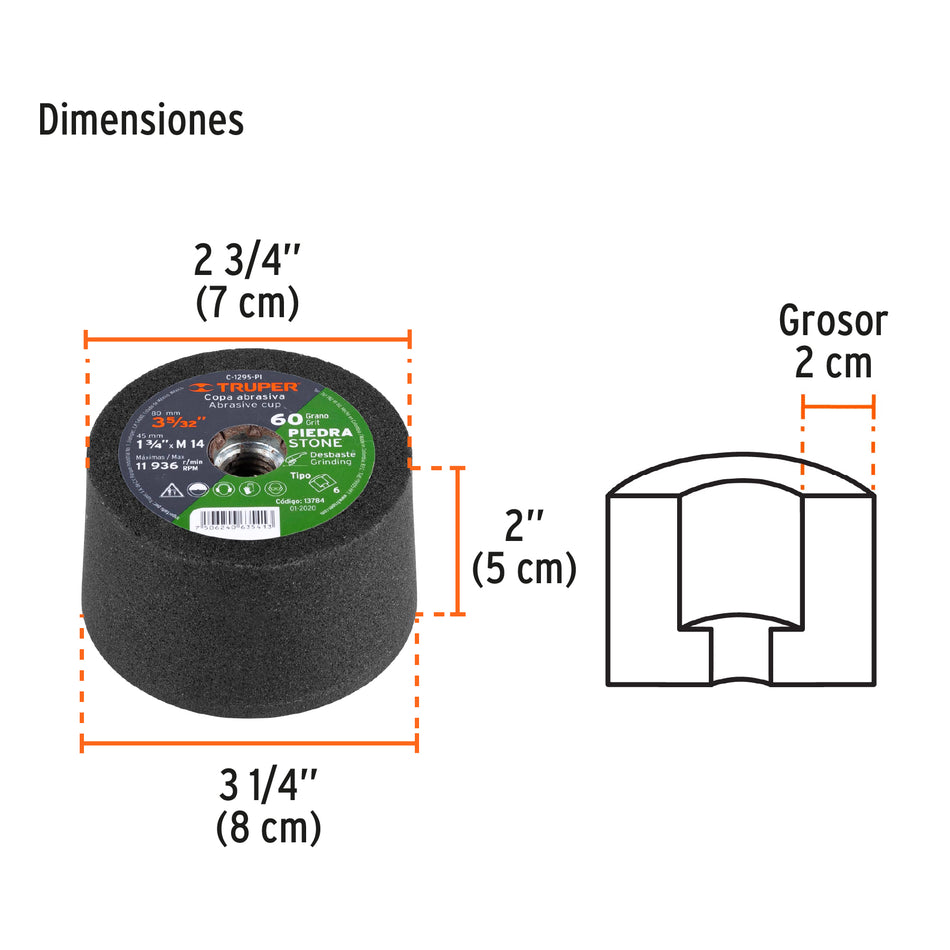 Copa desbaste de piedra 3-5/32' grano 60, eje M14, Truper, 13784