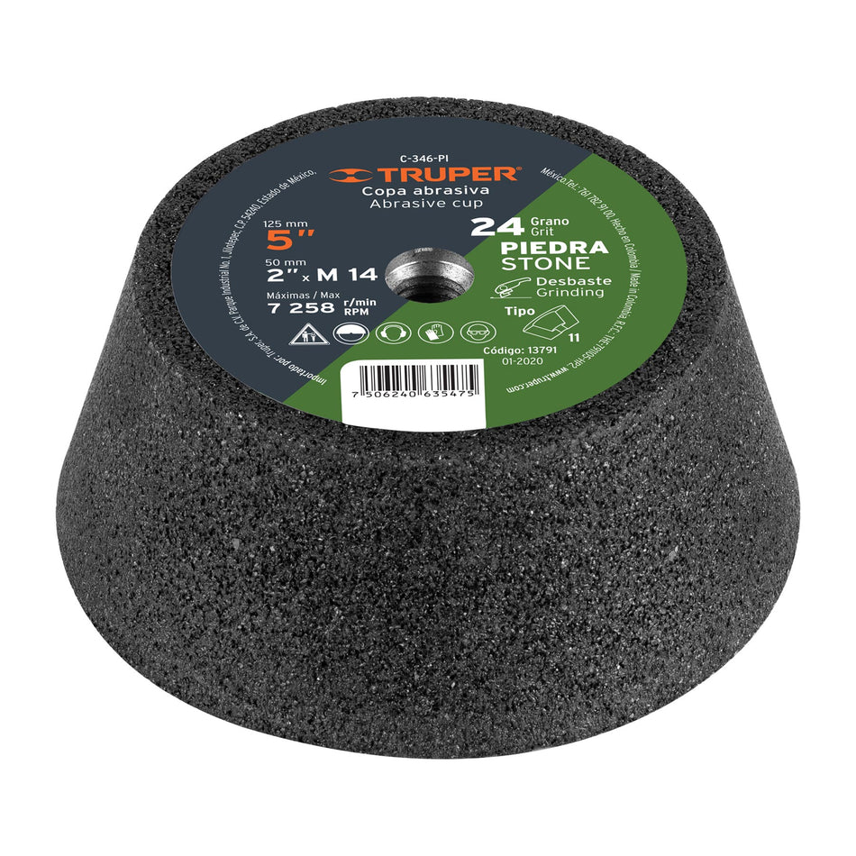Copa desbaste de piedra 5' grano 24, eje M14, Truper, 13791