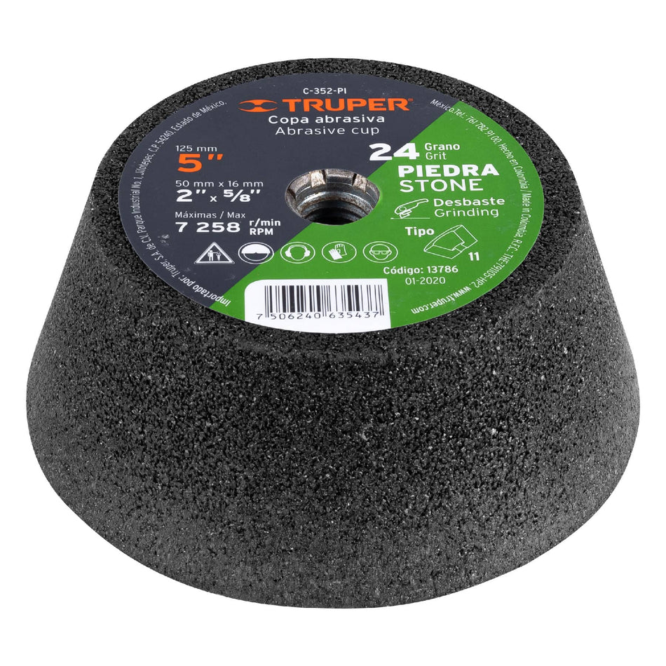 Copa desbaste de piedra 5' grano 24, eje 5/8-11, Truper, 13786