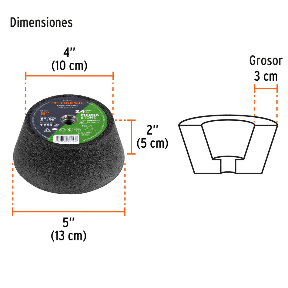 Copa desbaste de piedra 5' grano 24, eje 5/8-11, Truper, 13786
