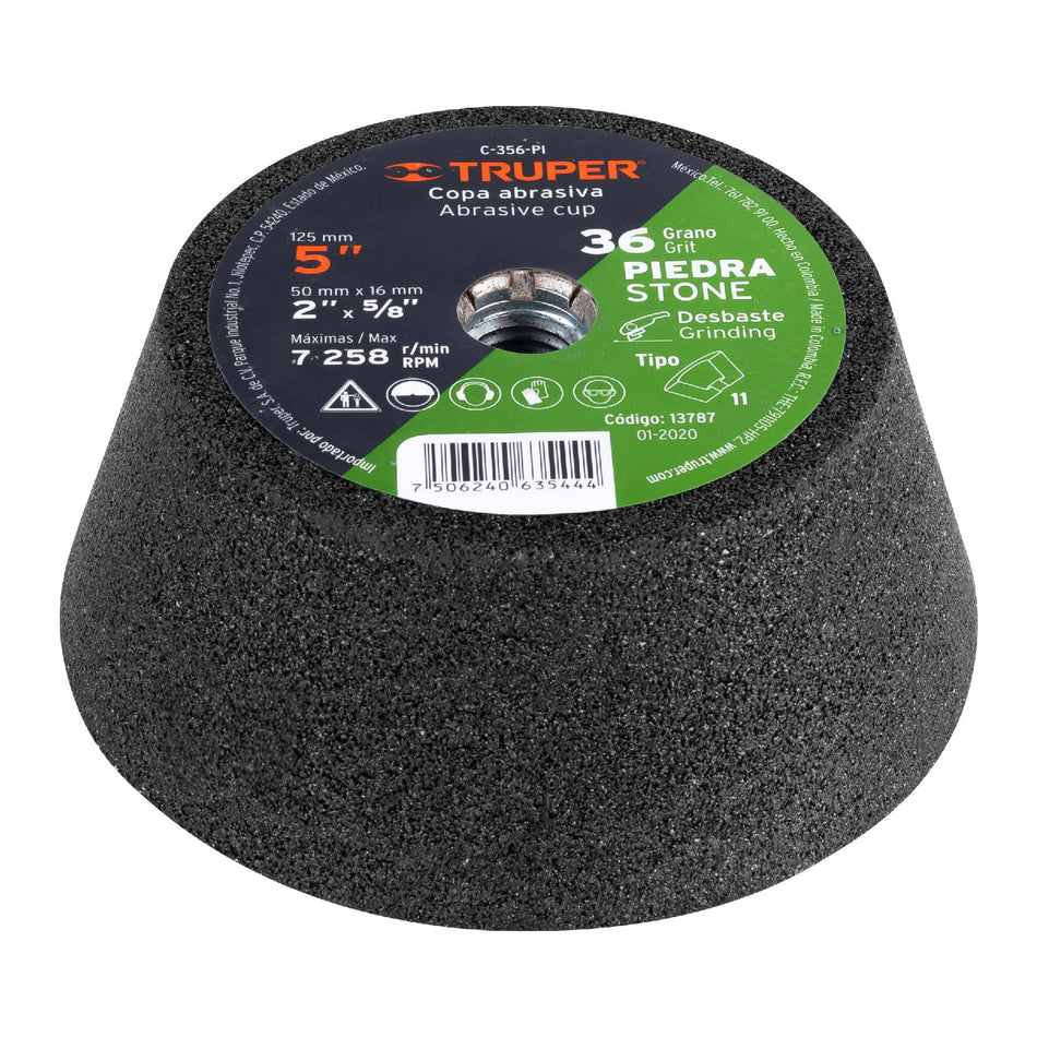 Copa desbaste de piedra 5' grano 36, eje 5/8-11, Truper, 13787