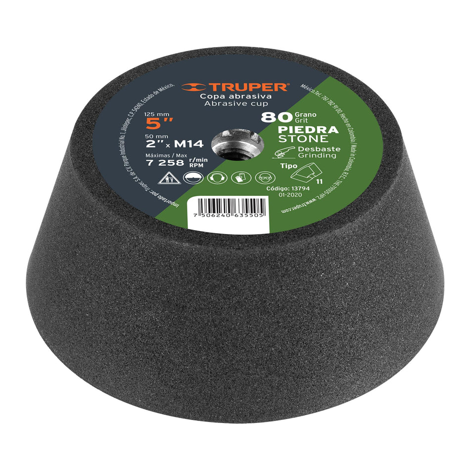 Copa desbaste de piedra 5' grano 80, eje M14, Truper, 13794