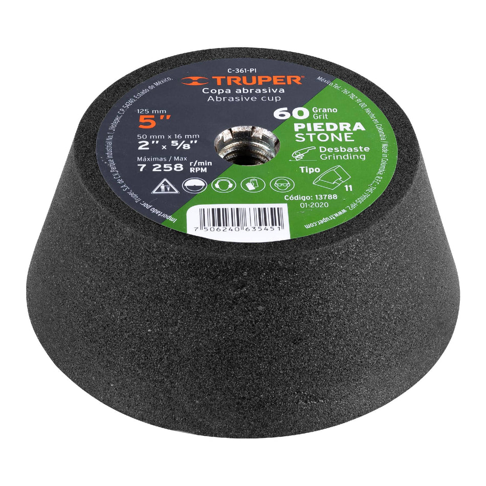 Copa desbaste de piedra 5' grano 60, eje 5/8-11, Truper, 13788