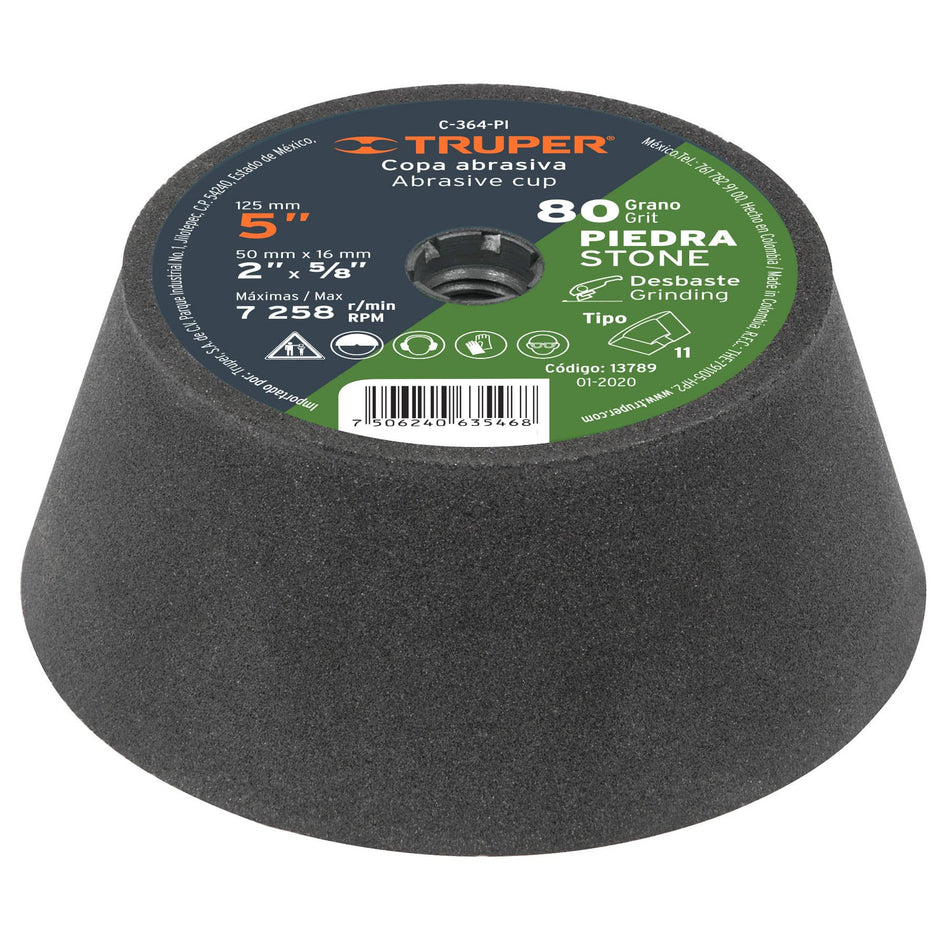 Copa desbaste de piedra 5' grano 80, eje 5/8-11, Truper, 13789