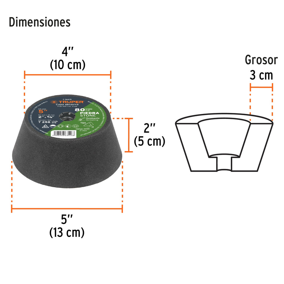 Copa desbaste de piedra 5' grano 80, eje 5/8-11, Truper, 13789