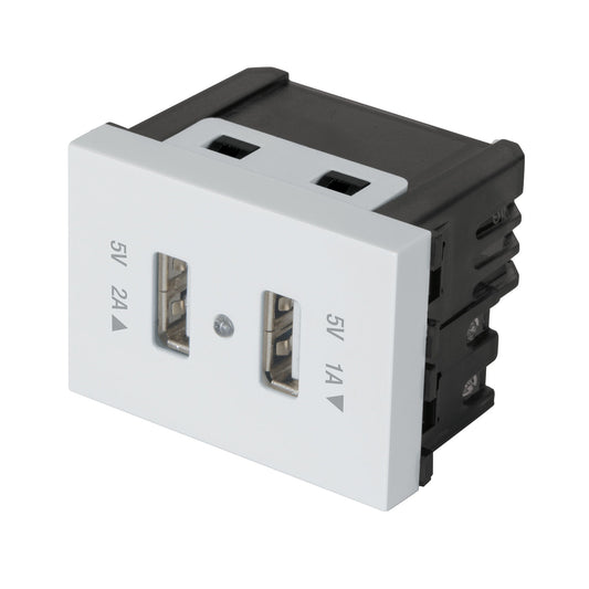 Toma con 2 puertos USB, 1.5 módulos, línea Española, blanco Caja con 6, 47057