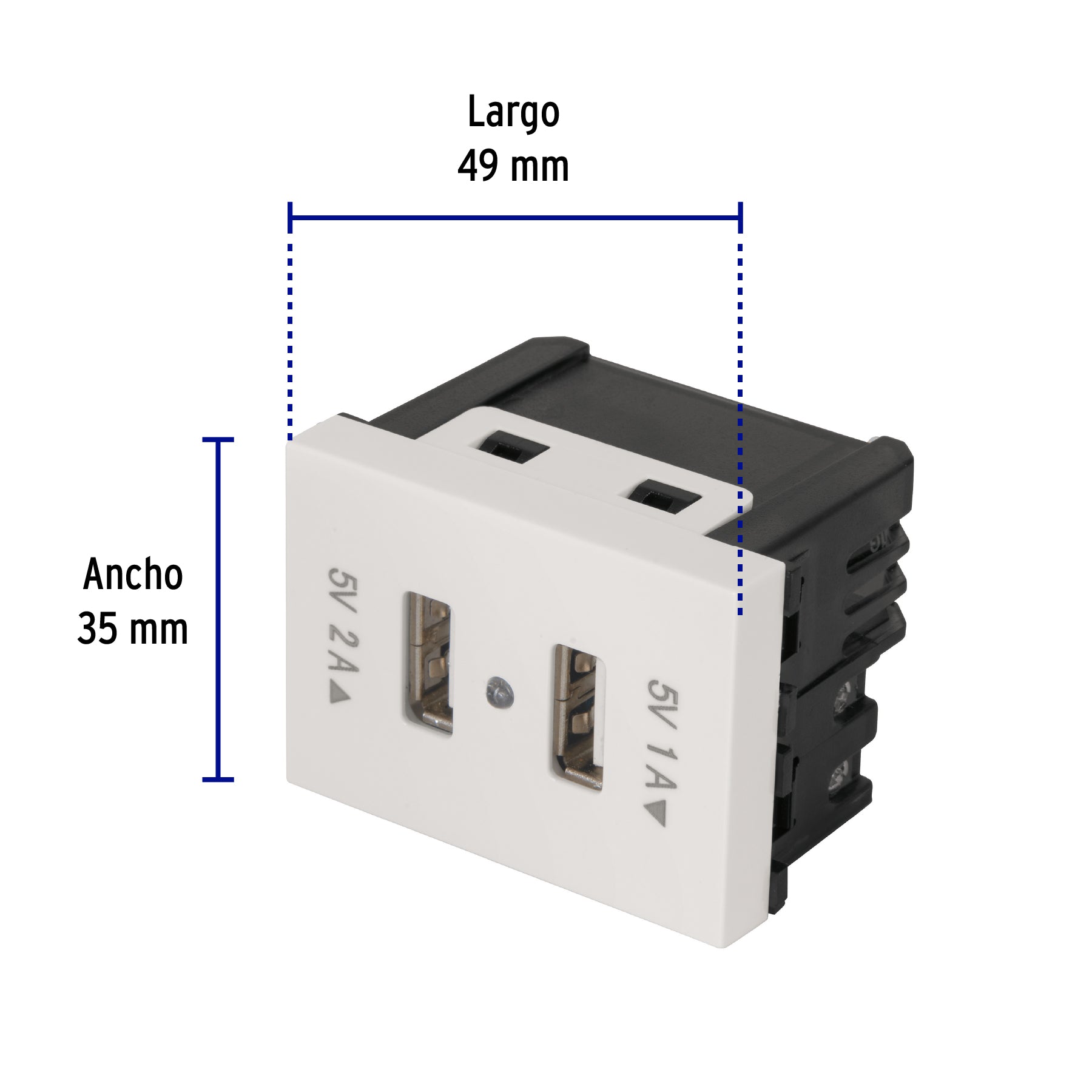 Toma con 2 puertos USB, 1.5 módulos, línea Española, blanco, 47057