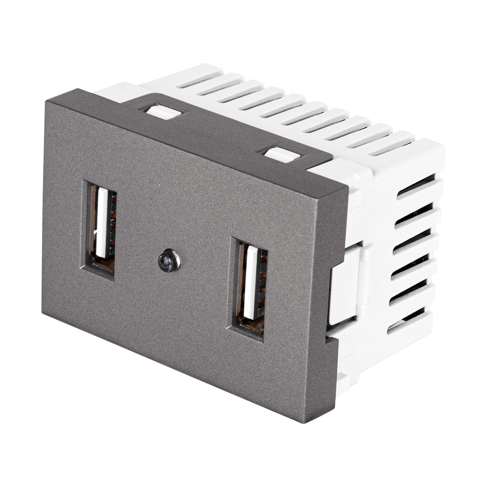 Toma 2 puertos USB acero inox de 1.5 módulos, línea Lisboa Caja con 12, 47829
