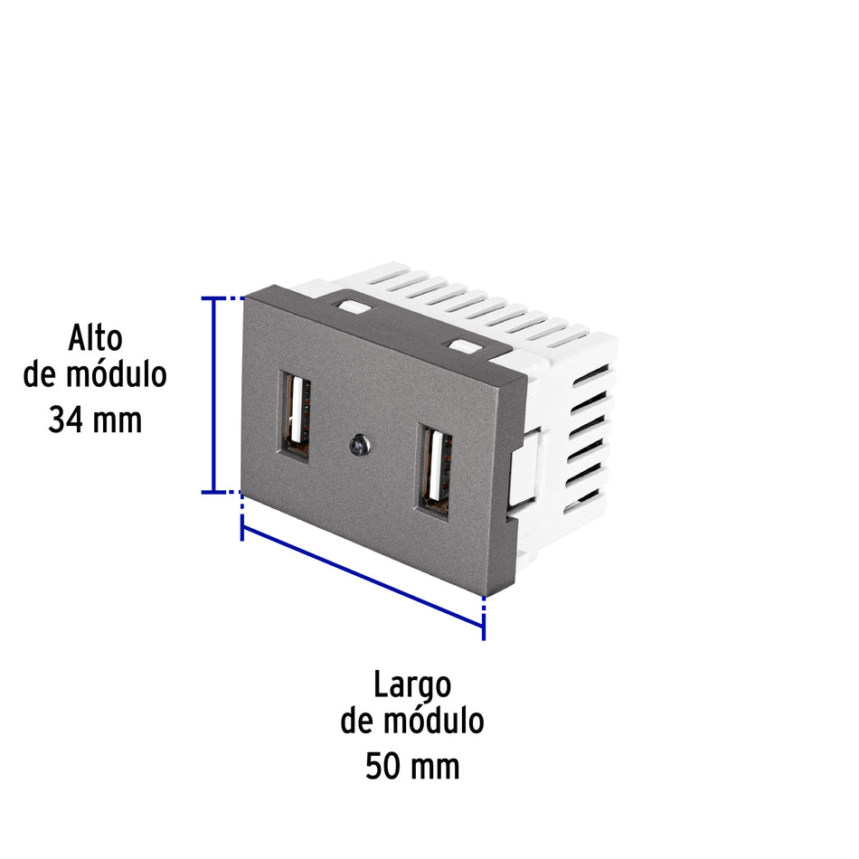 Toma 2 puertos USB acero inox de 1.5 módulos, línea Lisboa Caja con 12, 47829