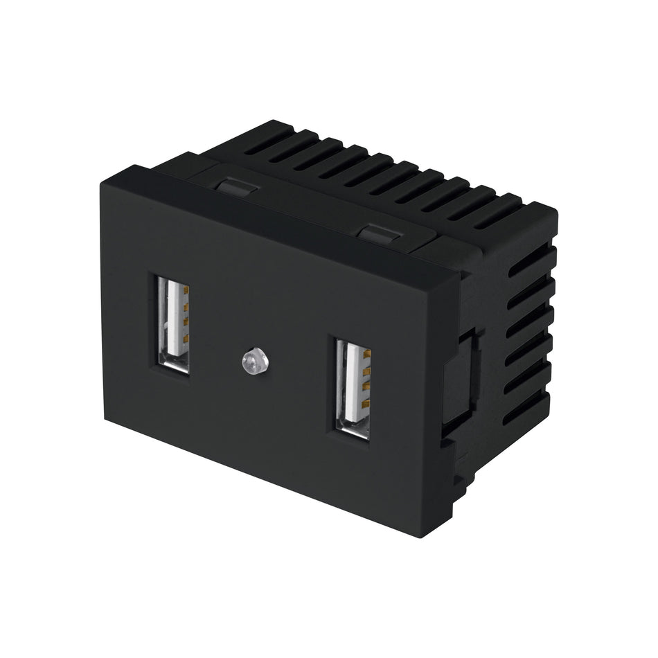 Toma con 2 puertos USB negro de 1.5 módulos, línea Lisboa Caja con 12, 47882