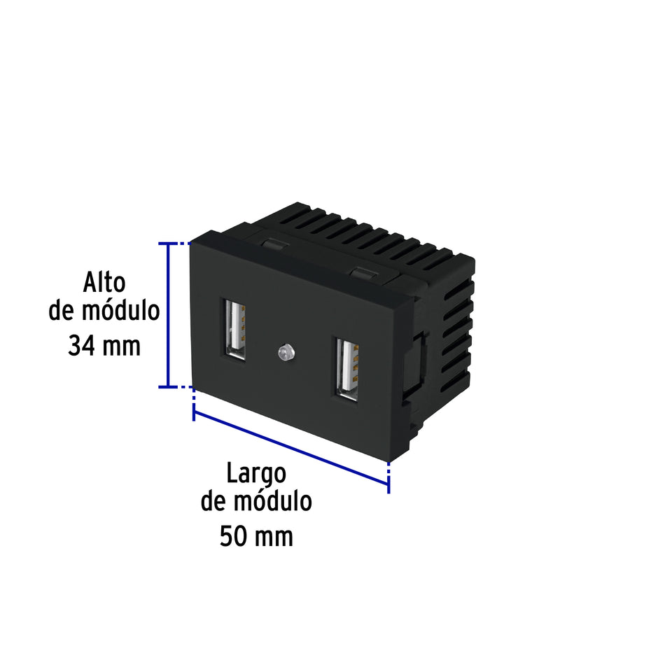 Toma con 2 puertos USB negro de 1.5 módulos, línea Lisboa Caja con 12, 47882