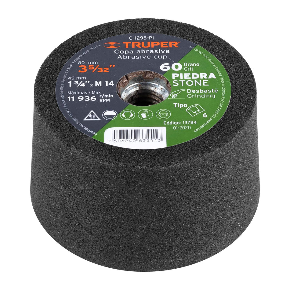 Copa desbaste de piedra 3-5/32' grano 80, eje M14, Truper, 13785