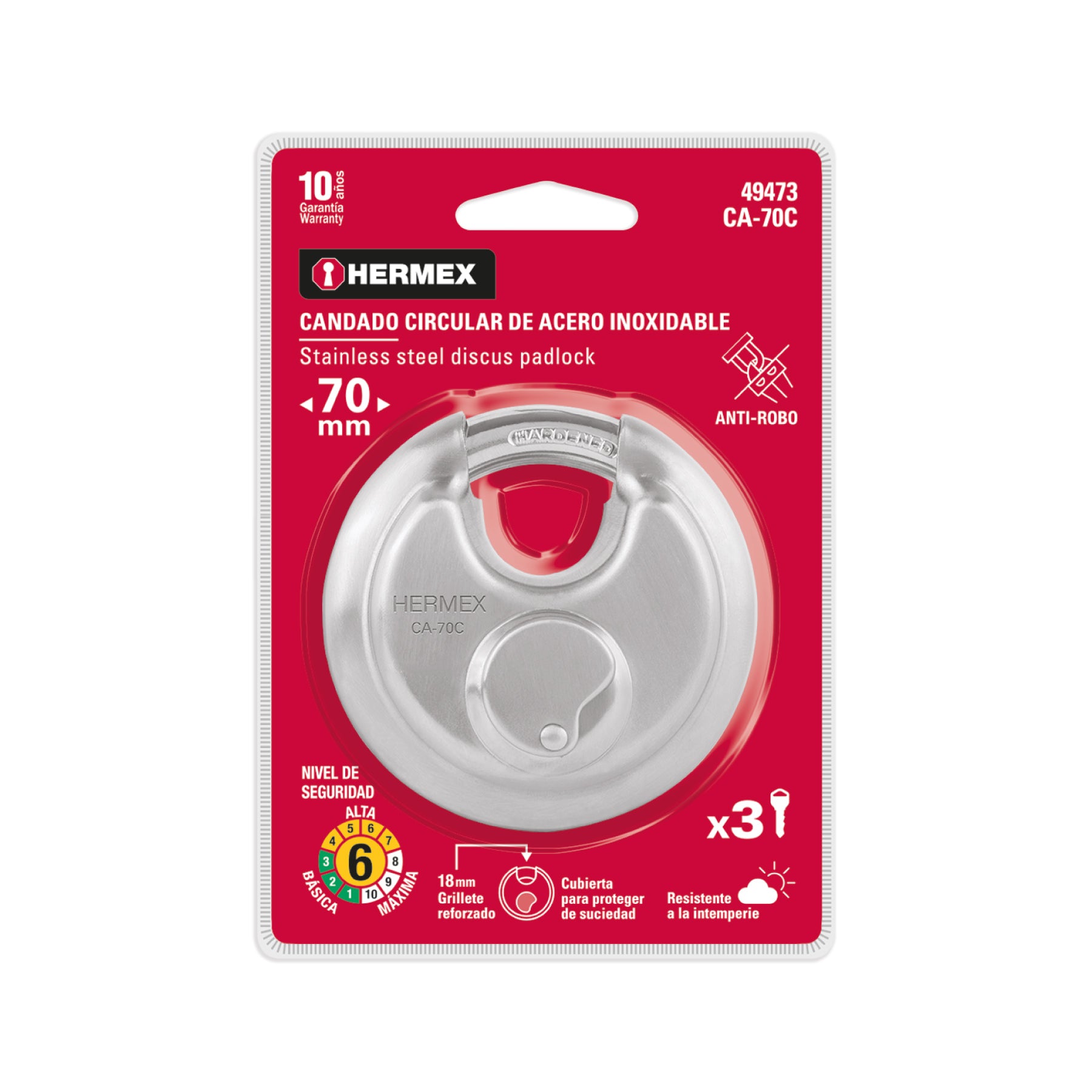 Candado circular acero inox, cilindro latón, 70 mm Caja con 3, 49473
