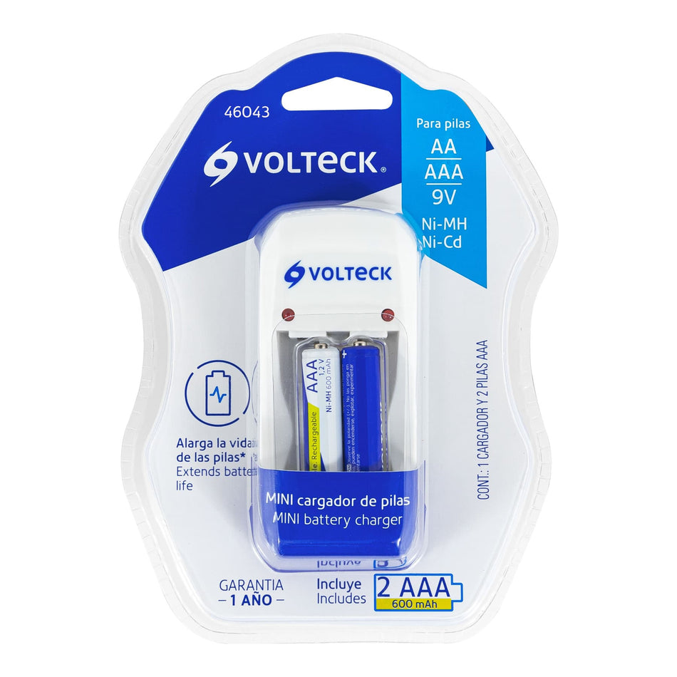 Cargador de pilas, AA, AAA y 9V incluye 2 pilas AAA, Volteck Caja con 4, 46043