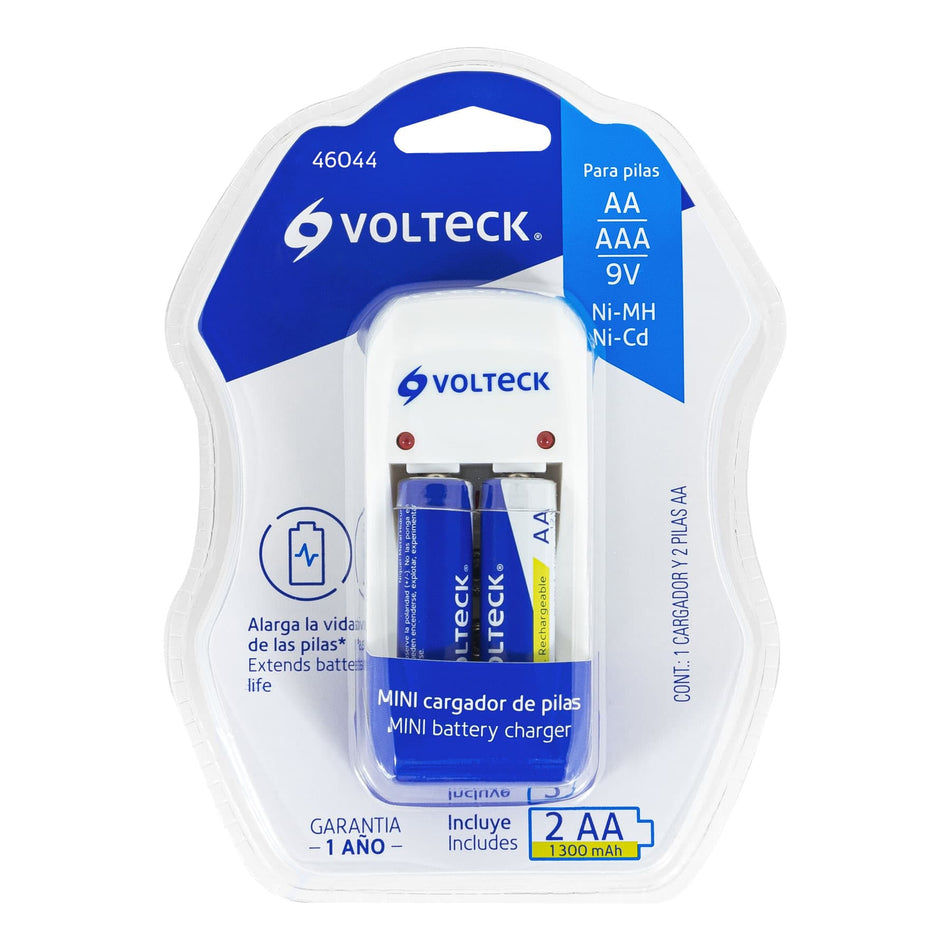 Cargador de pilas, AA, AAA y 9V, incluye 2 pilas AA, Volteck Caja con 4, 46044