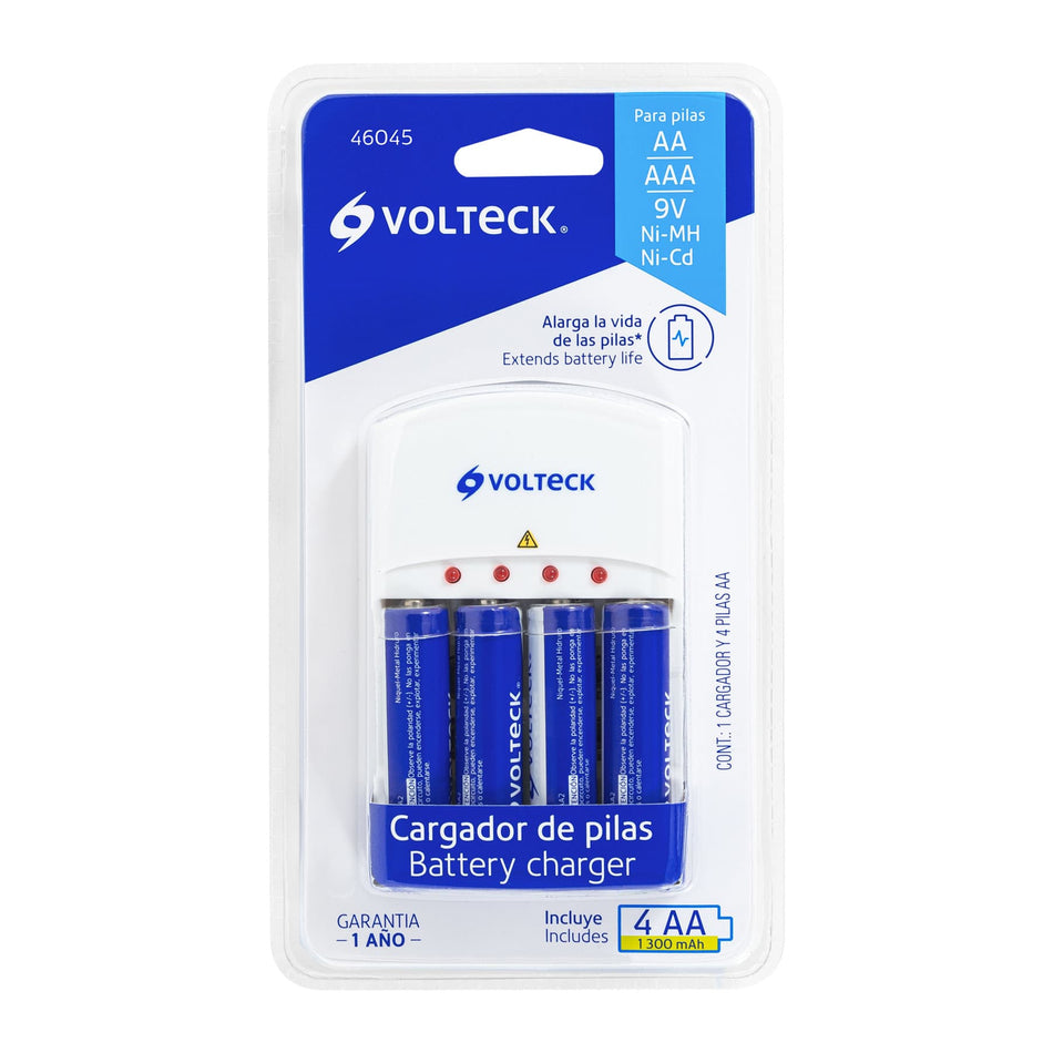 Cargador de pilas, AA, AAA y 9V, incluye 4 pilas AA, Volteck Caja con 2, 46045