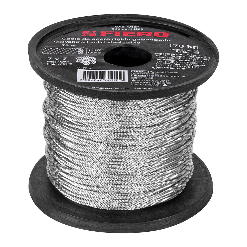 Metro de cable rígido 1/16' de acero 7x7 hilos, 75 m, Fiero Caja con 75, 44208