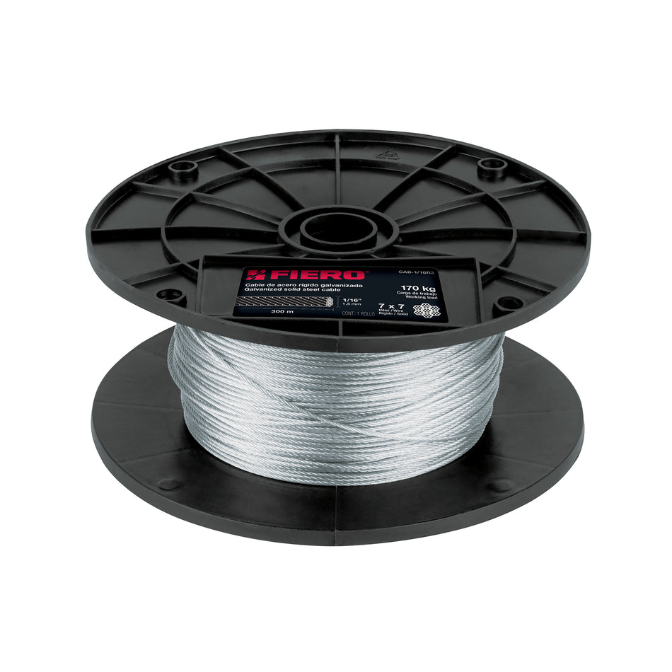 Metro de cable rígido 1/16' de acero 7x7 hilos, 300 m, Fiero Caja con 300, 48795
