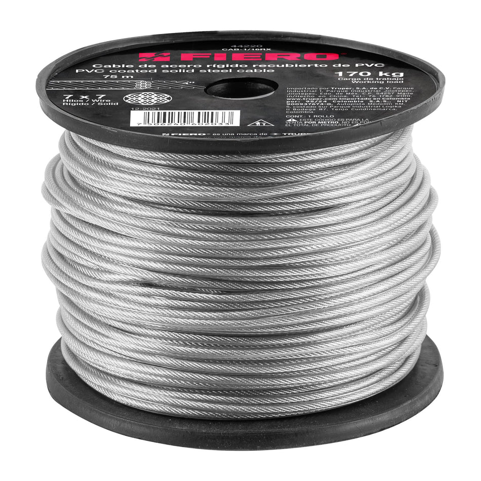 Metro de cable rígido 1/16' acero 7x7 recubierto PVC, 75 m Caja con 75, 44220