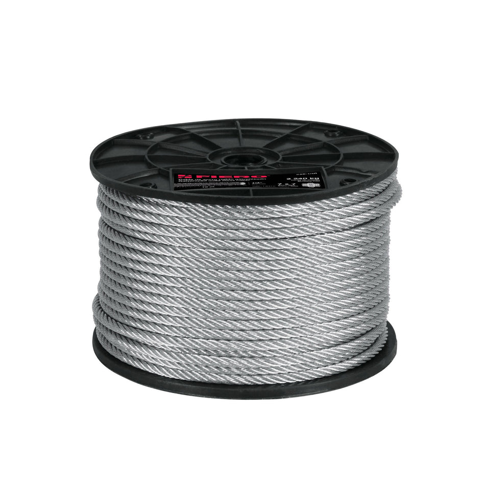 Metro de cable rígido 1/4' de acero 7x7 hilos, 75 m, Fiero Caja con 75, 44207