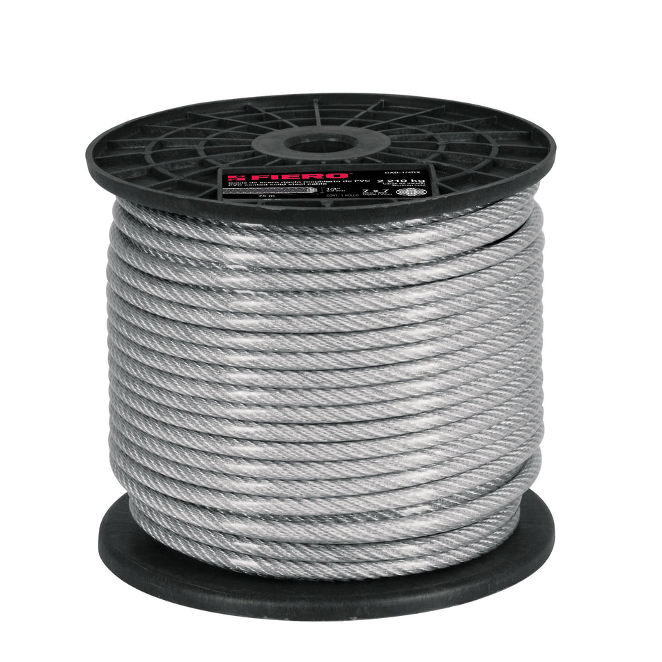 Metro de cable rígido 1/4' acero 7x7 recubierto PVC, 75 m Caja con 75, 44218